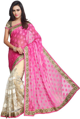 

Desi Butik Embroidered Fashion Jacquard, Net Saree(Pink, Beige)
