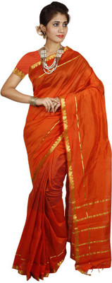 

Kanheyas Striped Fashion Handloom Cotton Saree(Orange)