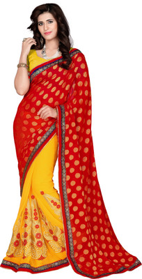 

Khoobee Self Design, Embroidered, Embellished Fashion Jacquard, Chiffon Saree(Red, Yellow)