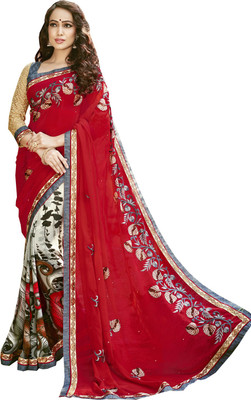 

Lovelylook Embroidered Daily Wear Georgette Saree(Red, White), Red & off white