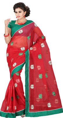 

Weavedeal Embellished, Embroidered Bollywood Cotton, Net Saree(Red)