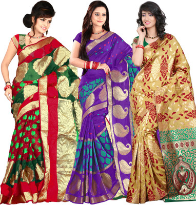 

It's Banii Woven Banarasi Handloom Banarasi Silk Saree(Pack of 3, Green, Purple, Yellow)