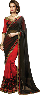 

Saara Embroidered Fashion Georgette Saree(Black, Red), Black and red