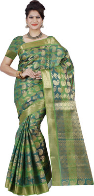 MIMOSA Woven Kanjivaram Art Silk Saree(Green, Blue)