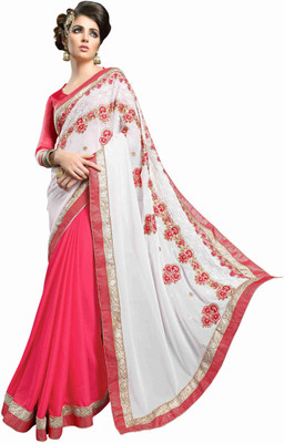 

Khoobee Self Design, Embroidered Fashion Jacquard, Georgette Saree(White, Pink), Pink;white