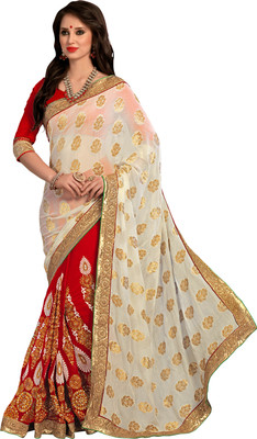 Khushali Self Design, Embellished, Embroidered Fashion Georgette Saree(Red, White)