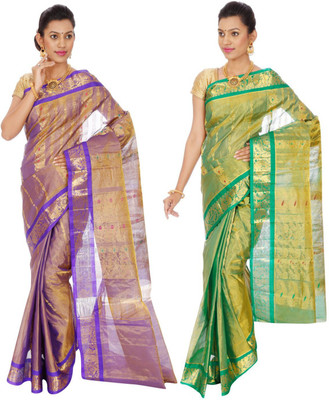 

Mahaveersilkcreations Woven Kanjivaram Pure Silk Saree(Pack of 2, Multicolor), Multi