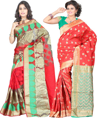 

It's Banii Woven Banarasi Handloom Banarasi Silk Saree(Pack of 2, Red, Red)