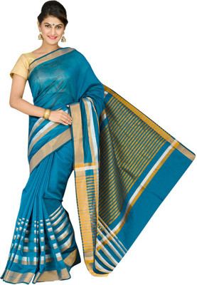 

Pavechas Striped Banarasi Silk Cotton Blend Saree(Blue