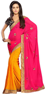 

Dancing Girl Embroidered Bollywood Chiffon Saree(Pink, Yellow)