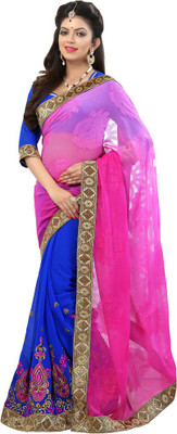 

Saara Embroidered Fashion Cotton Saree(Pink, Blue), Pink and blue