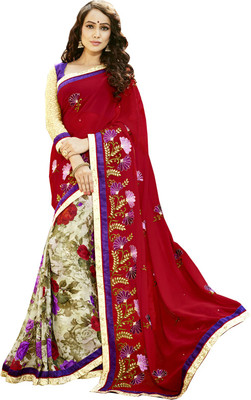 

Lovelylook Embroidered Daily Wear Georgette Saree(Red, White), Red & cream