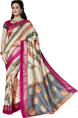 

Ewows Printed Bhagalpuri Silk Saree(Beige)