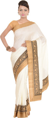 

Kdc Sarees Embroidered Banarasi Handloom Tussar Silk Saree(White)
