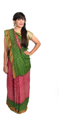

KAJCI Embroidered Bandhani Handloom Cotton Saree(Pink, Green), Pink2