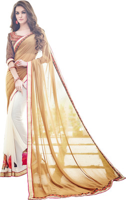 

Khoobee Self Design, Printed, Embellished Fashion Georgette Saree(Brown, White