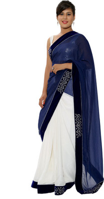 

Ellegent Solid Fashion Chiffon Saree(White, Blue), Blue;white