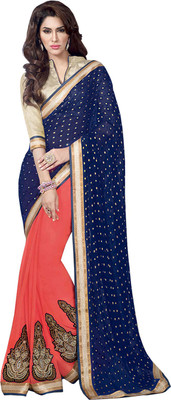 

Vandv Shop Embroidered Fashion Handloom Georgette Saree(Blue), Blue;orange