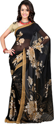 

Khoobee Self Design, Printed Fashion Chiffon Saree(Black, Beige), Beige;black