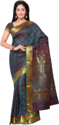 

Varkala Silk Sarees Woven Kanjivaram Saree(Dark Green, Red), Rama and red