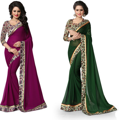Indianbeauty Printed Fashion Chiffon Saree(Pack of 2, Dark Green, Purple) Flipkart