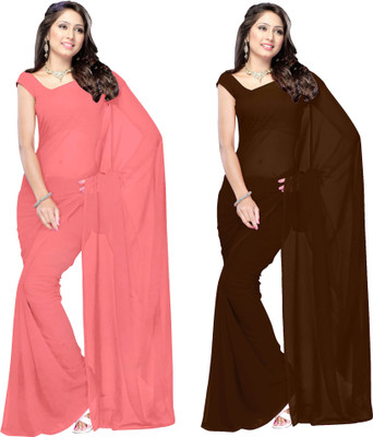 

Parisha Solid Daily Wear Georgette Saree(Pack of 2, Pink, Brown), Brown;peach