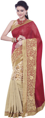 

Sati Embroidered Fashion Chanderi Saree(Pink, Beige), Beige;pink