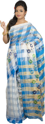 

monidipa Self Design Fashion Cotton Saree(White), Blue;white
