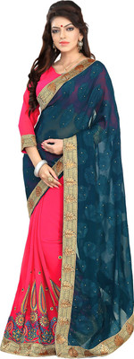 

Parisha Embroidered Daily Wear Georgette Saree(Pink, Green), Pink & dark green