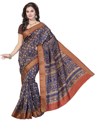 Rani Saahiba Floral Print Fashion Art Silk Saree(Blue)
