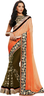 

Brijraj Embroidered Fashion Net, Satin Saree(Orange, Dark Green), Moss green;orange