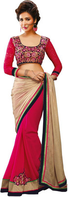

Manthan Embroidered Daily Wear Georgette, Jacquard Saree(Pink, White), Pink & cream