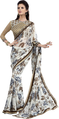 

Ishin Printed Fashion Georgette Saree(White), White & brown