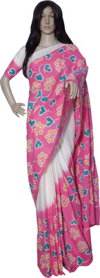 

KheyaliBoutique Graphic Print Hand Batik Handloom Cotton Saree(White, Pink), Pink;white