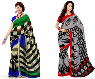 

EthnicQueen Floral Print, Geometric Print Fashion Georgette Saree(Pack of 2, Beige, Black)