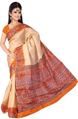 

Ishin Printed Fashion Art Silk Saree(Beige), Beige & orange