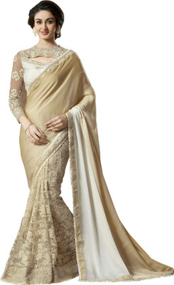 

Jiya Self Design, Embellished Fashion Net, Georgette Saree(Beige, White, Beige)