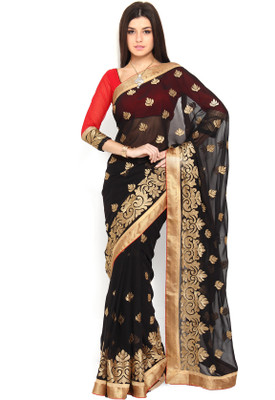

Soch Self Design, Solid Fashion Chiffon Saree(Black, Gold)
