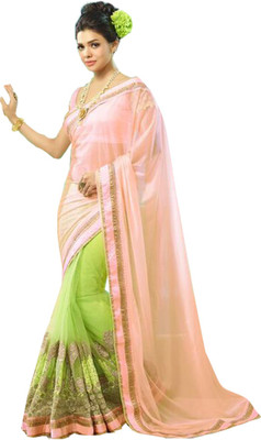 

Ishin Embroidered Fashion Georgette Saree(Green), Green & peach