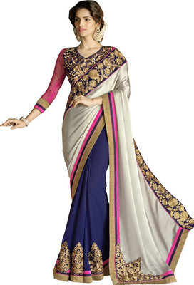 

Lovelylook Embroidered Daily Wear Georgette, Georgette Saree(Grey, Blue), Grey & navy blue