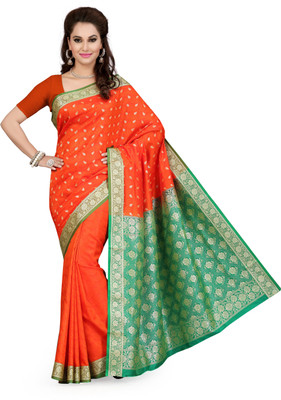 

Ishin Solid Fashion Poly Silk Saree(Orange), Orange & green