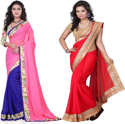 

Aai Shree Khodiyar Art Solid Bollywood Chiffon Saree(Pack of 2, Multicolor)