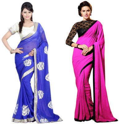 

Stylezone Embroidered Fashion Chiffon Saree(Pack of 2, Blue, Pink)