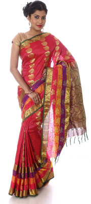 

Mahaveersilkcreations Woven Kanjivaram Handloom Silk Saree(Multicolor), Stripes multi