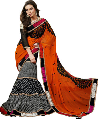 

Jiya Self Design, Embroidered, Embellished Fashion Georgette Saree(Orange, Black, White), Black;orange;white