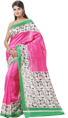 

JTInternational Printed Bhagalpuri Silk Saree(Pink, White)