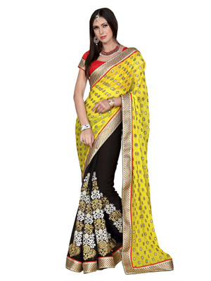 Khushali Self Design, Embroidered Fashion Georgette Saree(Yellow, Black), Black;yellow