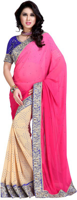

Khushali Self Design, Embroidered, Embellished Fashion Georgette Saree(Beige, Pink)
