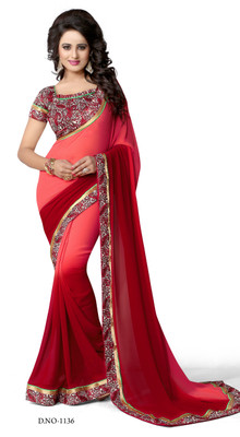 

Indianbeauty Self Design, Solid, Printed Fashion Georgette Saree(Pink, Red), Coral;red