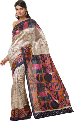 

JTInternational Printed Bhagalpuri Silk Saree(Beige, Pink)